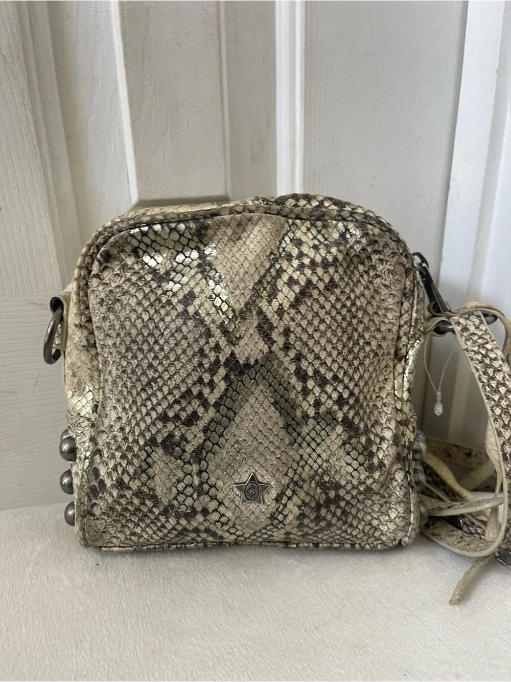 Ash Moxy Python Snakeskin print Leather Studded Crossbody Bag
